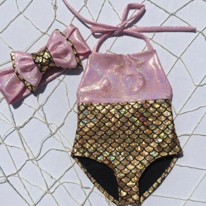 Conjunto de bañador para niña con lazo, estilo sereno, dorado y rosa