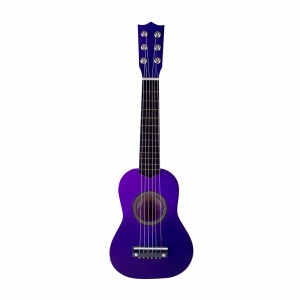 Guitarra infantil de madera de 6 cuerdas en violeta sobre fondo blanco