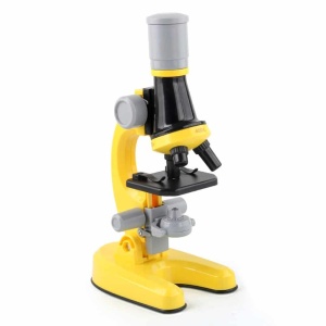 Microscopio biológico 100X 400X 1200X para niños amarillo, negro y gris sobre fondo blanco