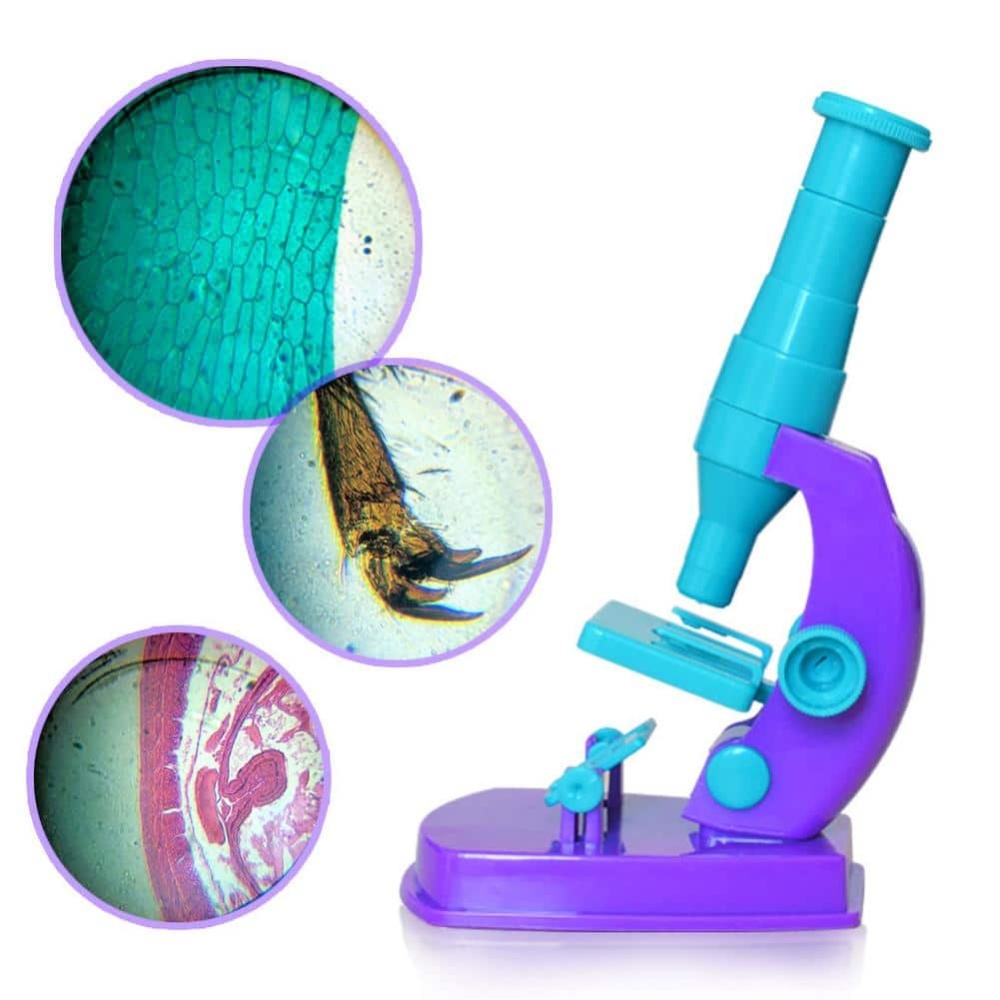 Microscopio DIY 150x para bricolaje morado y azul sobre fondo blanco