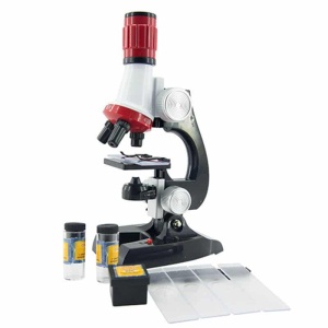 Microscopio educativo de 100 a 1200x para niños blanco, rojo y negro sobre fondo blanco