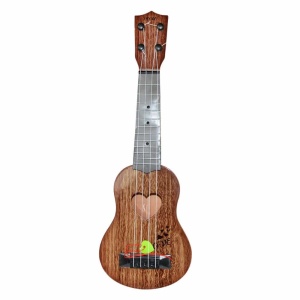 Mini guitarra de 4 cuerdas con motivo de corazón marrón sobre fondo blanco