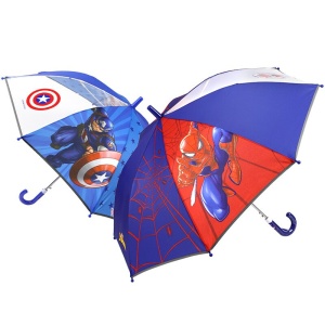 Paraguas antipellizcos con motivo de dibujos animados para niños en azul, rojo y morado con fondo blanco