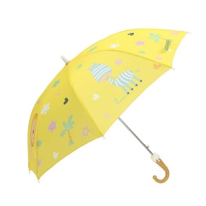 Paraguas con mango largo, dibujo animado amarillo sobre fondo blanco