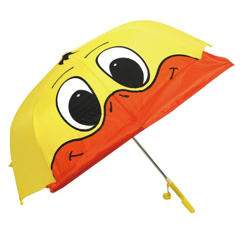 Paraguas en forma de pato con silbato amarillo y naranja sobre fondo blanco