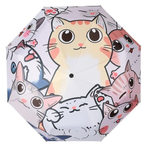 Paraguas de tres pliegues con diseño de gato sobre fondo blanco
