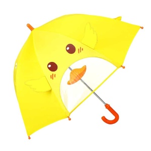 Paraguas en forma de animal con ventana amarilla transparente con ojos marrones, y mango rojo con fondo blanco