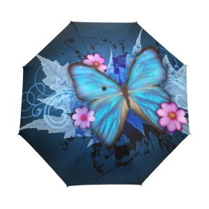 Paraguas infantil azul mariposa con flores rosas y fondo blanco