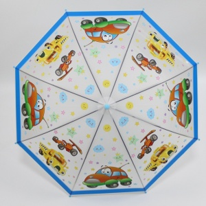 Paraguas infantil con estampado de dibujos animados en blanco con corpiños azules y fondo blanco