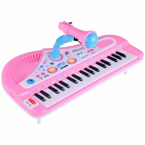 Piano electrónico rosa y azul con micrófono para niños