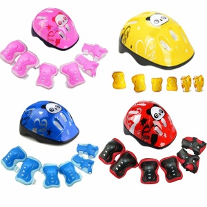Casco con equipo de protección para niños en rosa, amarillo, azul y rojo
