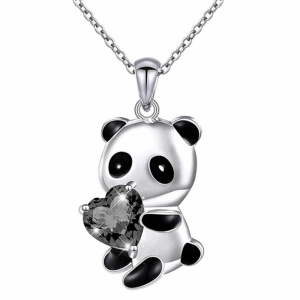 Collar infantil con colgante de panda negro y plata con corazón de diamantes negros y cadena de plata