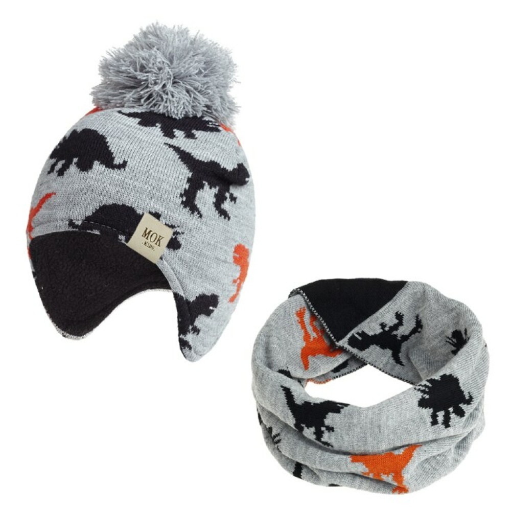 Conjunto infantil de gorro y bufanda de dinosaurio gris con pompón y motivos naranjas y negros