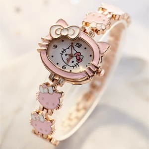 Correa de reloj Hello Kitty para niños en rosa y dorado sobre fondo blanco