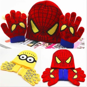 Gorro y guantes infantiles de dibujos animados, rojo y azul Spiderman y amarillo y negro Minion