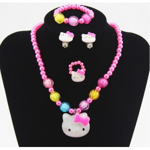 Juego de joyas de perlas con colgante de Hello Kitty en rosa con perlas amarillas y azules