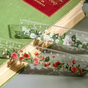 Regla recta de 15 cm con diseño de flor transparente para niños sobre un libro en verde