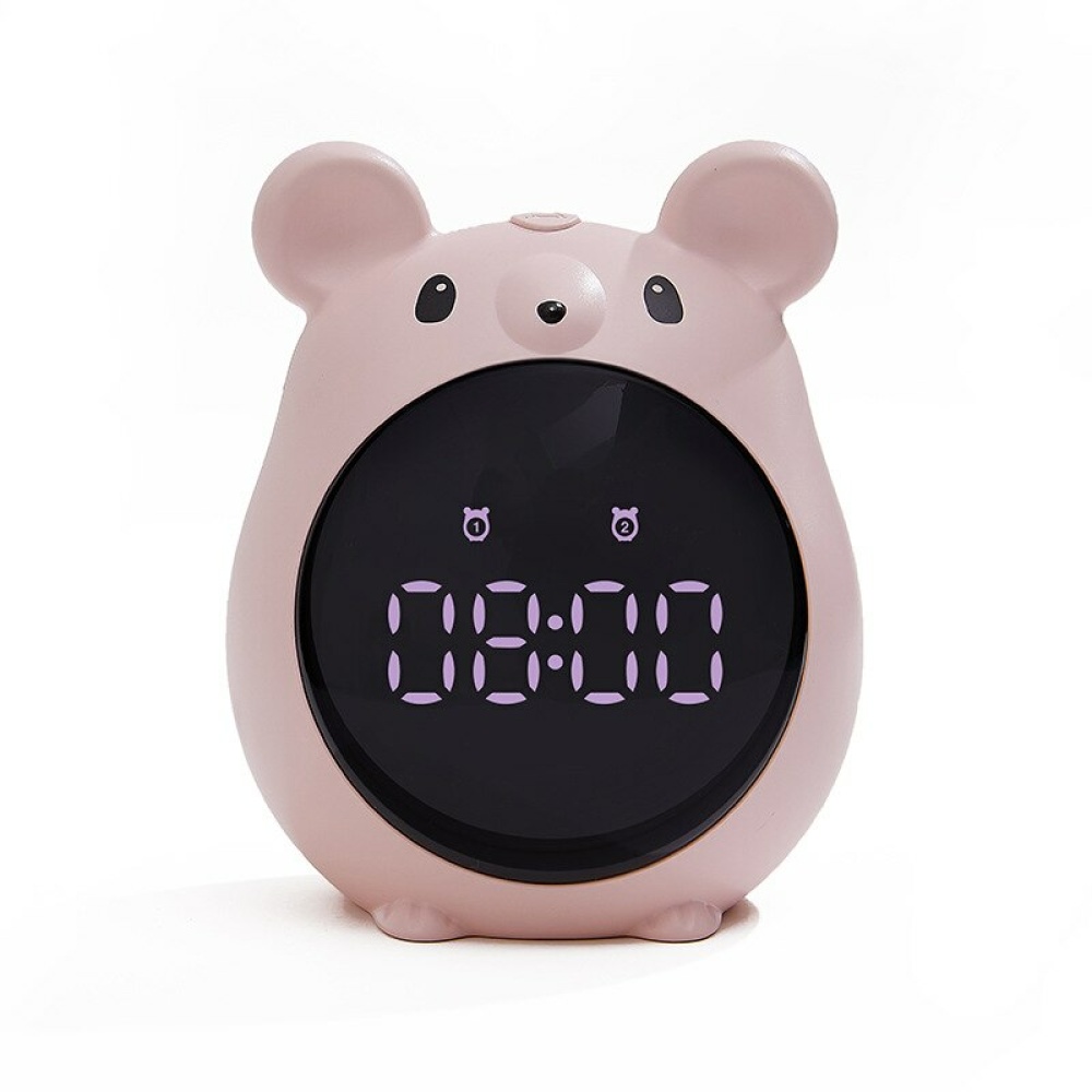 Reloj despertador infantil multifuncional con forma de ratón digital rosa sobre fondo blanco y frontal negro