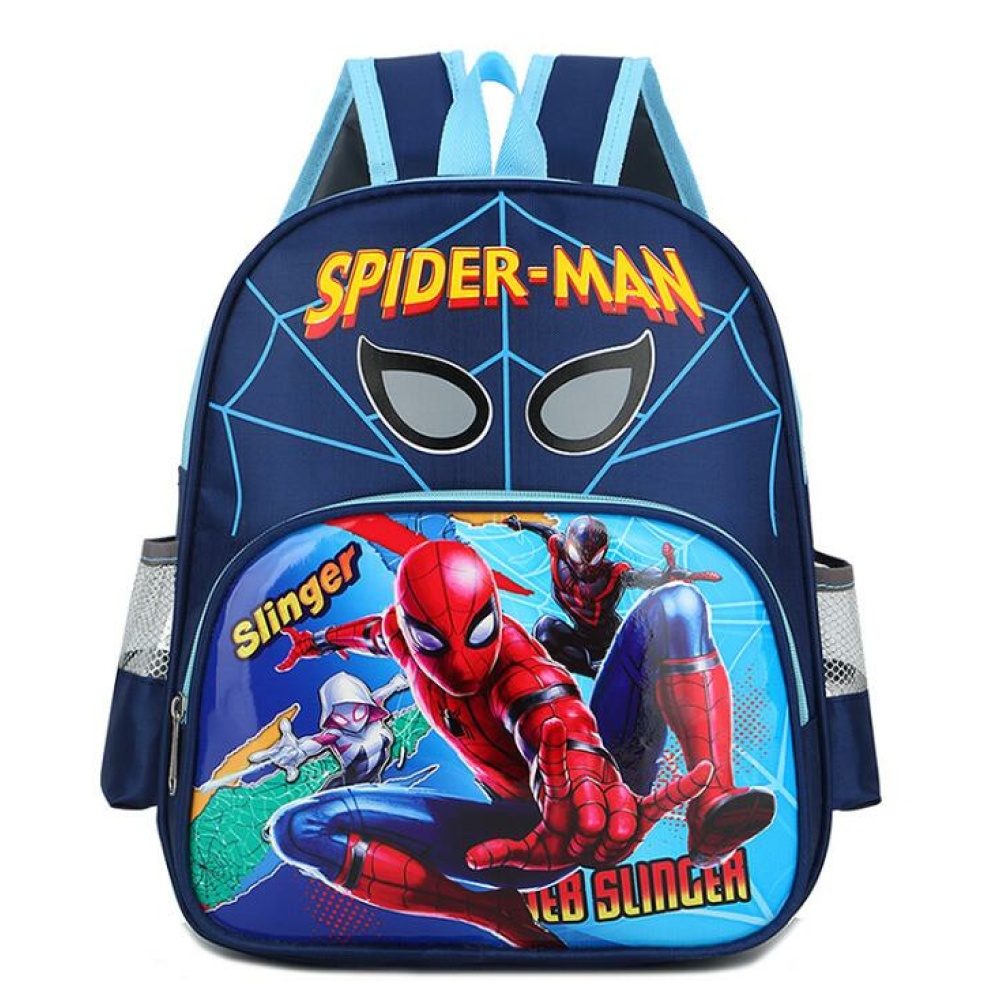 Mochila Spiderman web slinger en azul con el logo del hombre araña en amarillo y rojo