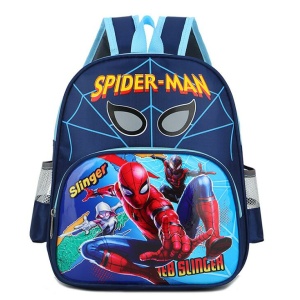 Mochila Spiderman web slinger en azul con el logo del hombre araña en amarillo y rojo