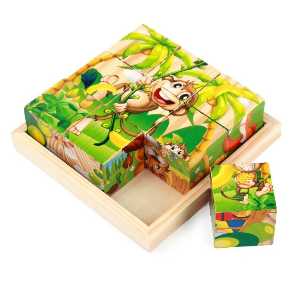 puzzle cubo con motivo de bosque en verde y sange en caja de madera
