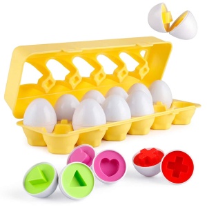 Juguetes educativos para niños en forma de huevo con cesta amarilla y formas de colores
