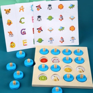Puzzle 3D, juegos de memoria de madera para niños con piezas azules y papeles estampados