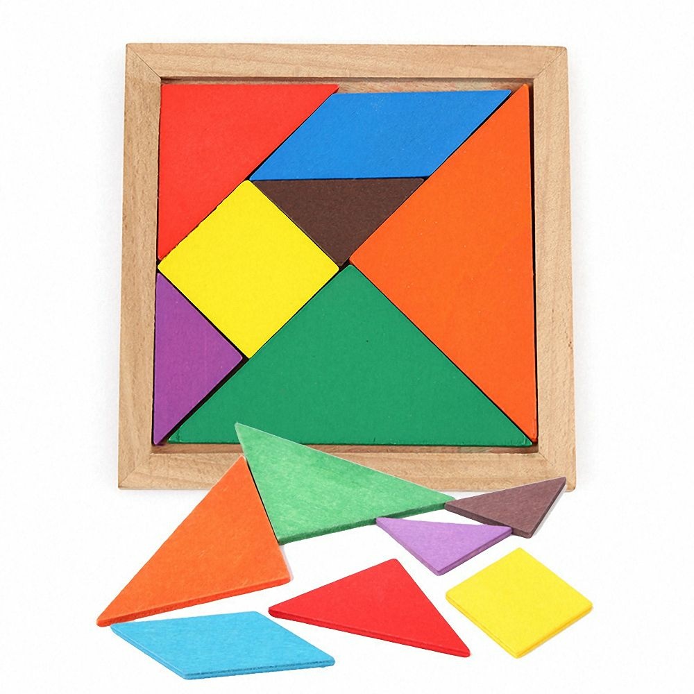 Puzzle Tangram de madera coloreada con caja de madera