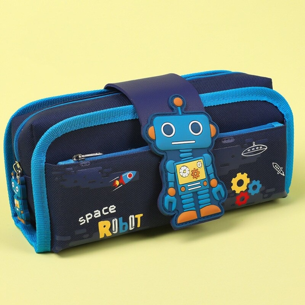 Estuche infantil 2 en 1 con diseño de robot en azul con motivos sobre fondo amarillo