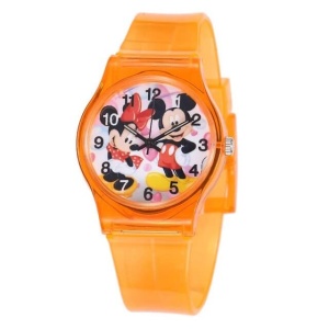 Reloj infantil con motivos de Mickey y Minnie en naranja sobre fondo blanco