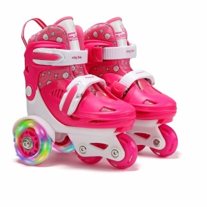 Patines infantiles ajustables en rosa y blanco con ruedas traseras de colores