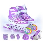 Zapatillas de patinaje infantil moradas y blancas con rueda arco iris
