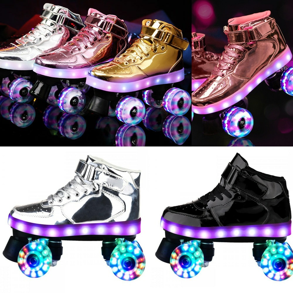 Patines en forma de zapatillas. Los patines vienen en diferentes colores: blanco, negro, rosa, dorado, etc. Los patines tienen una banda luminosa y ruedas luminosas, todas ellas recargables.