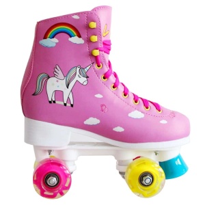 Unicornio rosa patines de 4 ruedas para niños con ruedas rosas y amarillas