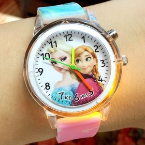 Reloj Reina con luz intermitente para niñas, diseño de dibujos animados de Elsa y Anna en azul y rosa