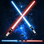 Sabre laser Star Wars rouge et bleu avec fond ciel spacial