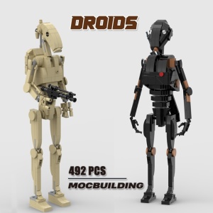 Figuritas droides estilo lego de color beige y negro de la serie Star Wars