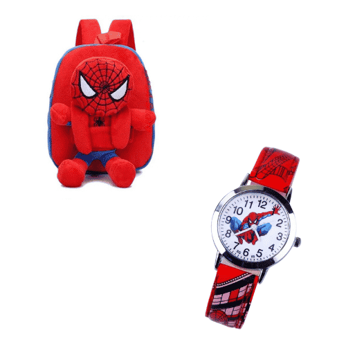 Mini mochila de peluche con reloj spiderman 2 en rojo y azul