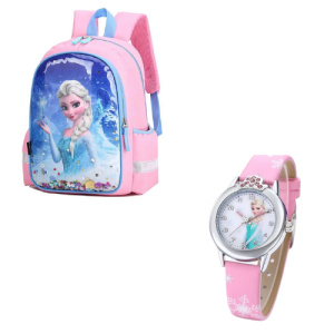 Pack mochila + reloj Elsa en rosa y azul con motivos de la Reina de las Nieves