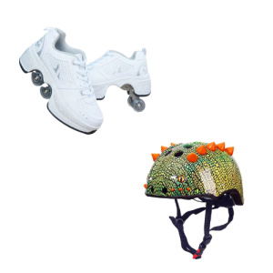 Pack de patinaje + casco de niño en blanco y casco con lentejuelas