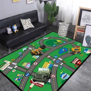 alfombra verde con diseño de circuito de coche
