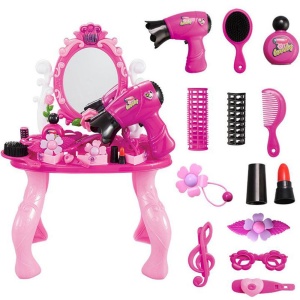 Tocador rosa con espejo y accesorios varios para niños