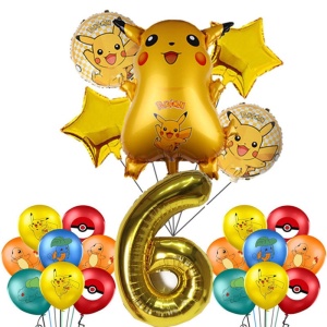 Decoraciones de cumpleaños pokemon para niños en dorado con número y globos con motivos pokemon