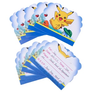 Tarjetas de invitación de papel para cumpleaños Pokémon con motivo pikachu bulbizarre sobre fondo azul