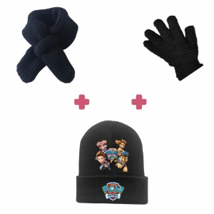 Pack especial invierno para niños: Par de guantes + Bufanda + Gorro Pat'Patrouille en negro con dibujo