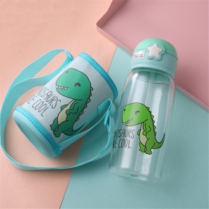 Botella de agua infantil verde con motivo de dinosaurio y bolsa