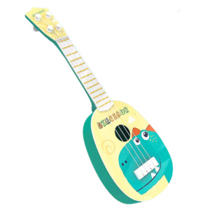 Guitarra infantil de 4 cuerdas en amarillo con motivo de dinosaurio verde