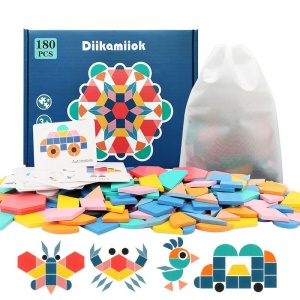 Puzzle de madera Juegos Montessori para niños 180 piezas con caja de colores con varias formas de animales y fondo blanco