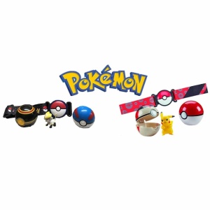 Cinturón Pokémon con juego de PokéBall y figuritas con el logotipo de Pokémon y fondo blanco