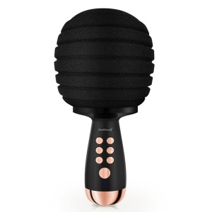 Un micrófono negro de karaoke para niños, con botones rosas integrados en el mango y un compartimento para pilas debajo.